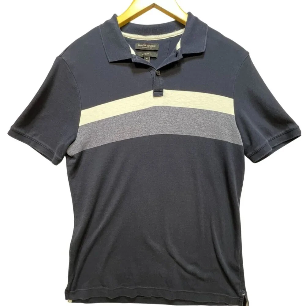 Banana Republic Men's Standard Fit Polo Shirt Short Sleeve Size M Navy Stripe